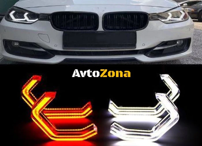 Диодни Ангелски Очи за BMW F30 - U-Design - с два цвята и функция мигач (бял и жълт)