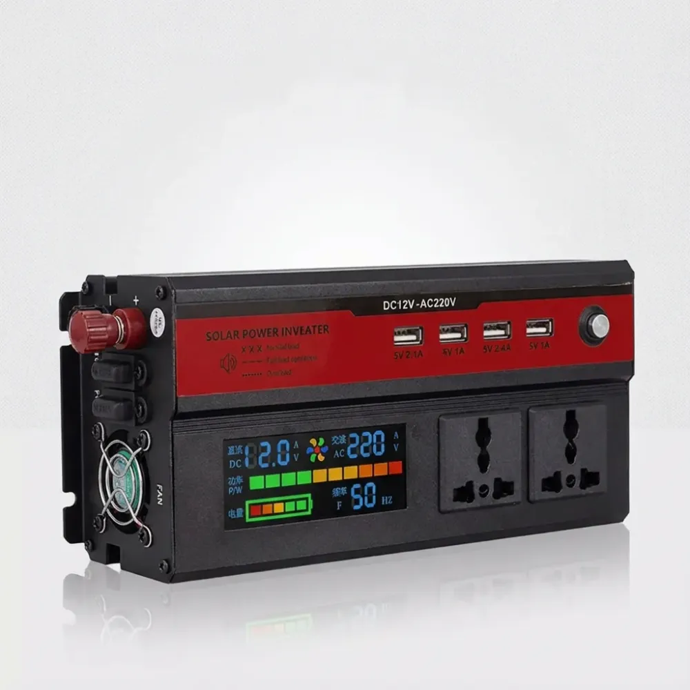 Инвертор 12V → 220V с цифров дисплей – до 1200W реална мощност (5000W пиков) + 4 USB | Идеален за кола, кемпер и ток нався...