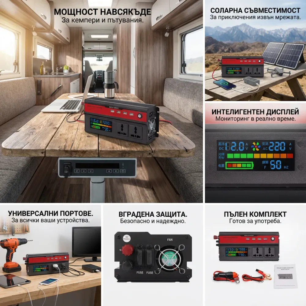 Инвертор 12V → 220V с цифров дисплей – до 1200W реална мощност (5000W пиков) + 4 USB | Идеален за кола, кемпер и ток нався...