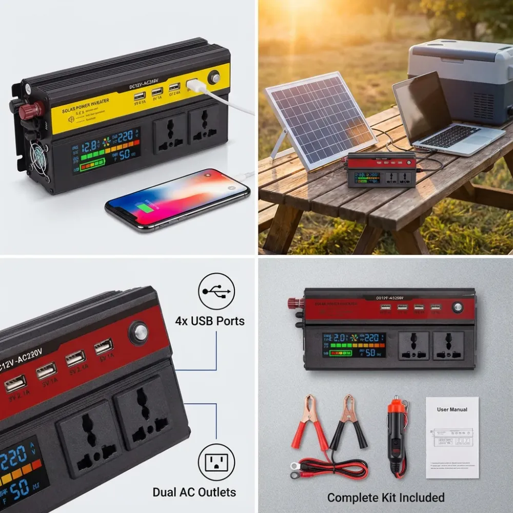 Инвертор 12V → 220V с цифров дисплей – до 1200W реална мощност (5000W пиков) + 4 USB | Идеален за кола, кемпер и ток нався...
