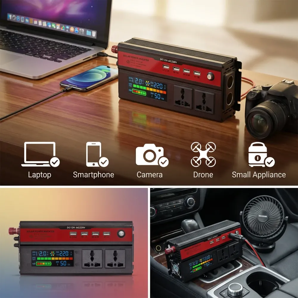 Инвертор 12V → 220V с цифров дисплей – до 1200W реална мощност (5000W пиков) + 4 USB | Идеален за кола, кемпер и ток нався...