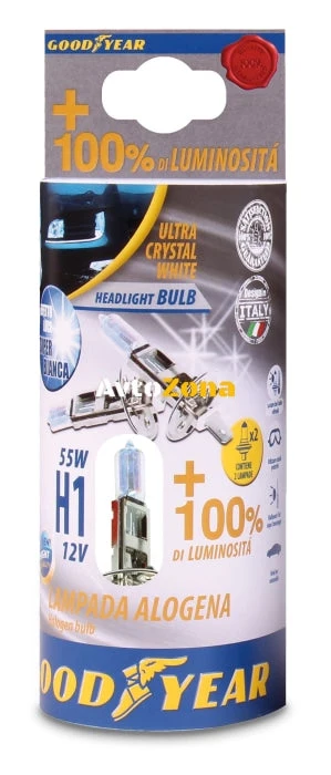 Комплект от 2 броя халогенни крушки крушка H1 Х1 12V 55W + 100% 5000K E4 Goodyear Гудиър