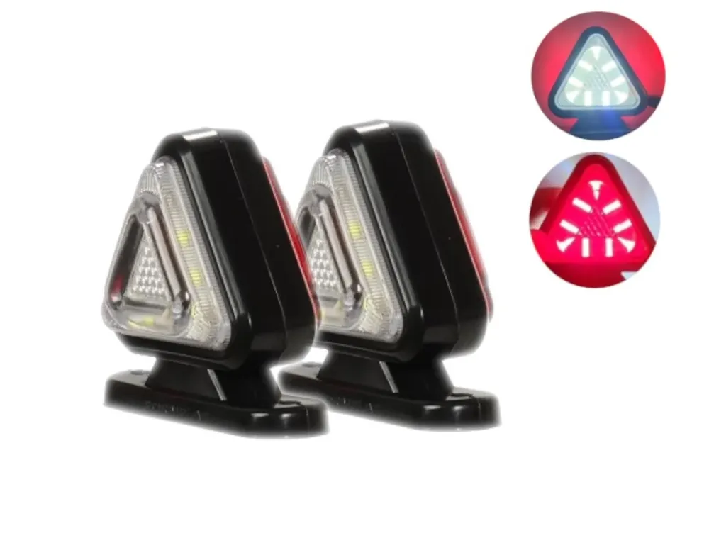 Комплект от 2 броя 18LED ЛЕД мини светодиоднен габарит токос тип рогче 12 - 24V бяло - червено с триъгълна форма Неон Ефек...