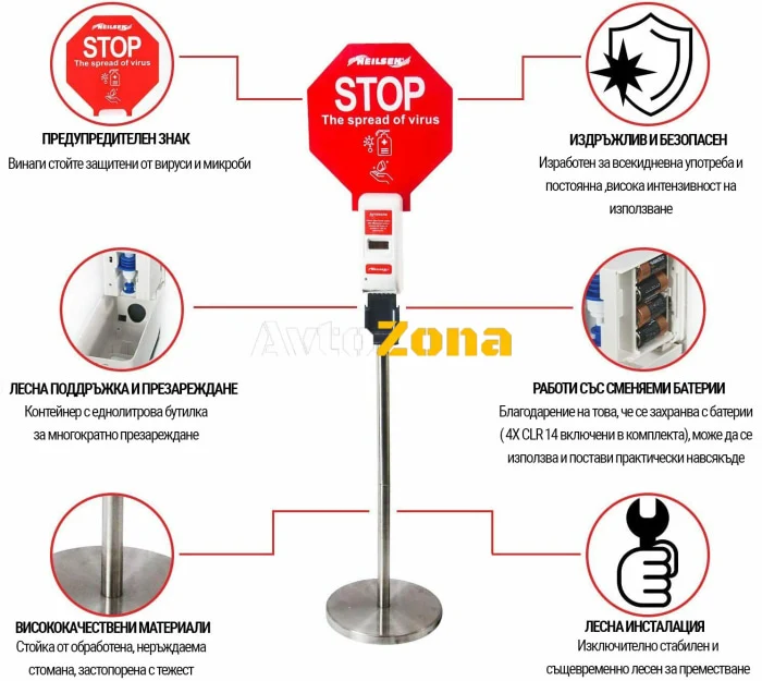 Безконтактен, Сензорен Диспенсър с Преносима Стойка за Дезинфекция на Ръце и Включени Батерии