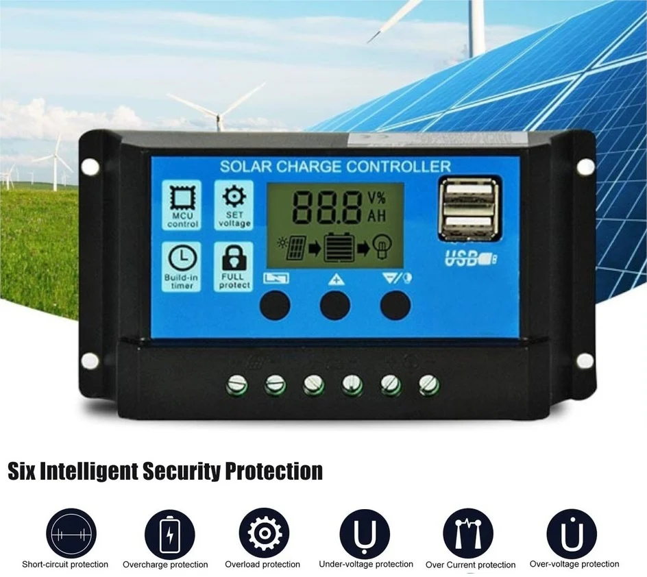 Соларен Заряден Контролер 20A PMW 12V 24V LCD Дисплей, Двойни USB Портове, Защитна Система