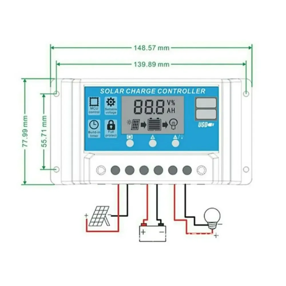 Соларен Заряден Контролер 20A PMW 12V 24V LCD Дисплей, Двойни USB Портове, Защитна Система