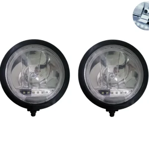 Комплект 2 Броя Халоген, Фар, Ø 225мм, 12V 24V, Крушка H1 + 6 LED ЛЕД Диода, E-Mark, За Камион, Трактор, Багер, Земеделски...