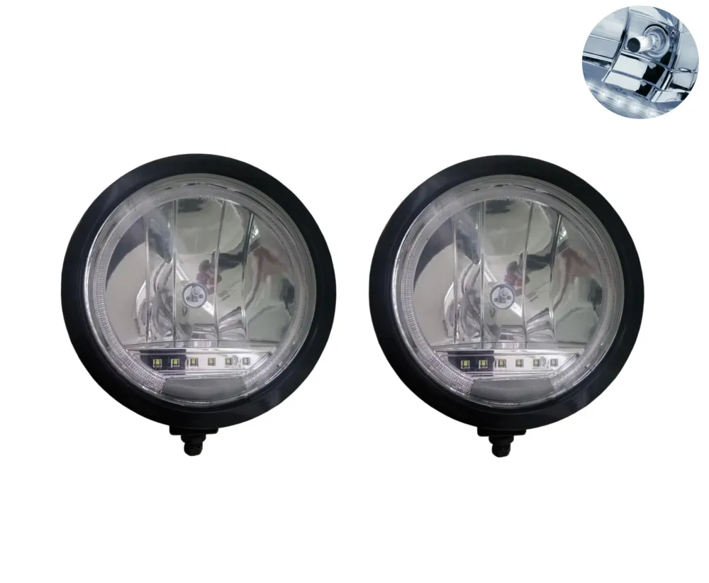Комплект 2 Броя Халоген, Фар, Ø 225мм, 12V 24V, Крушка H1 + 6 LED ЛЕД Диода, E-Mark, За Камион, Трактор, Багер, Земеделски...