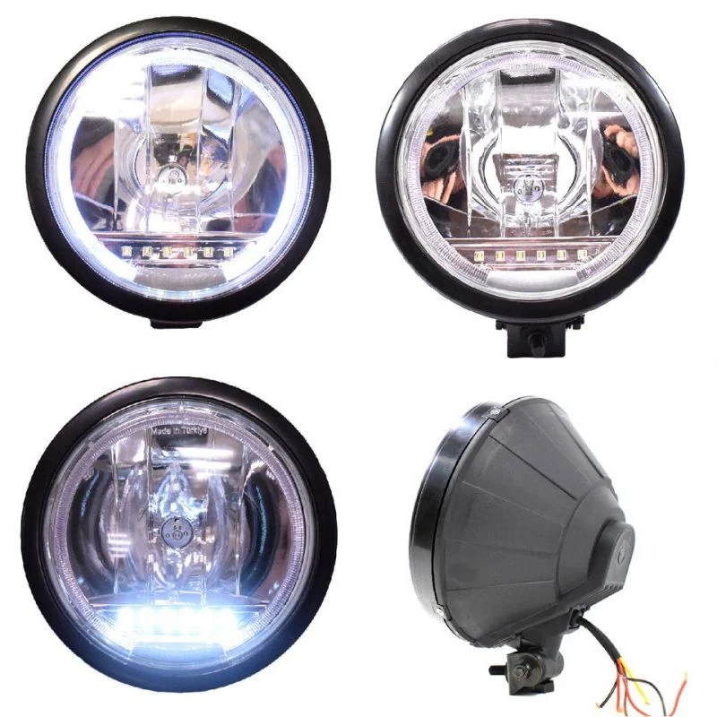 Комплект 2 Броя Халоген, Фар, Ø 225мм, 12V 24V, Крушка H1 + 6 LED ЛЕД Диода, E-Mark, За Камион, Трактор, Багер, Земеделски...