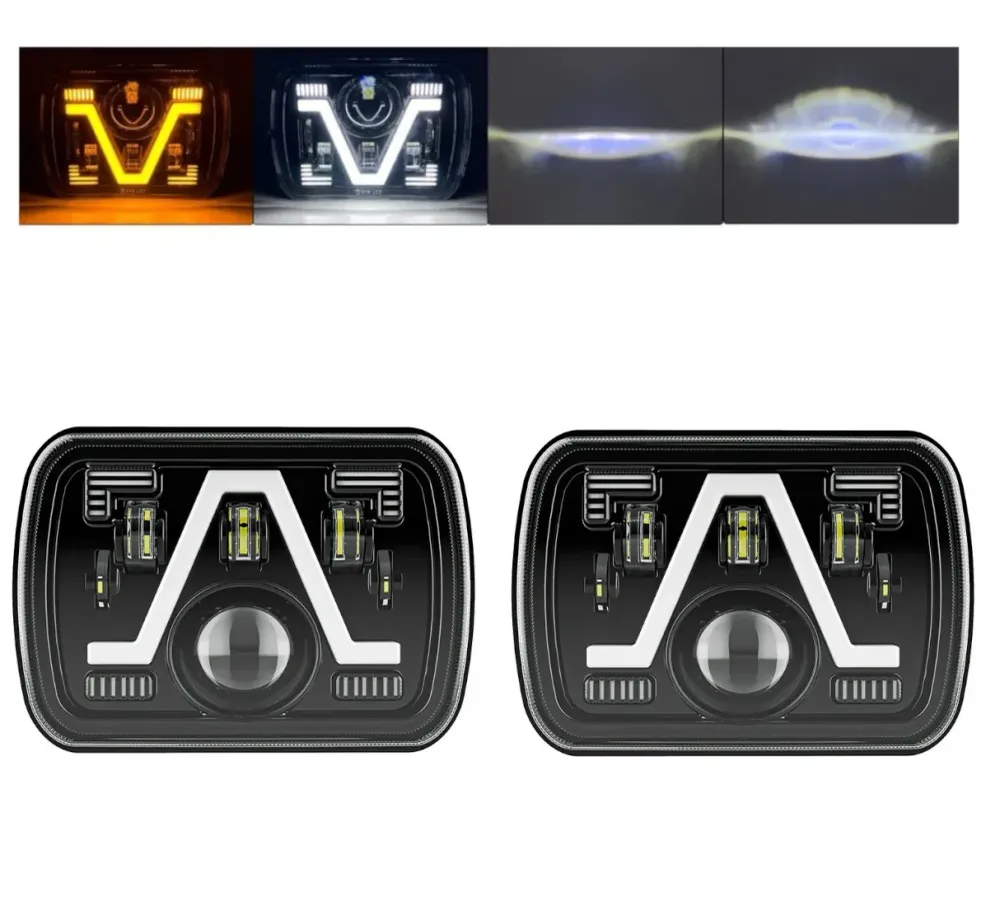 Комплект от 2бр. универсалeн 5x7 инча ЛЕД LED фар лампа халоген 12V-24V къси/дълги с DRL дневни светлини мигач бяло-жълто...