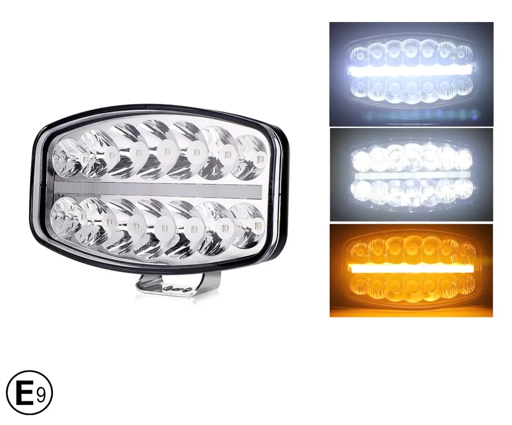 80W LED Лед Фар Халоген с DRL дневни светлини габарит бяло - оранжево неон ефект 24,5см x 13,9см, 4100lm, 12V - 24V, E-Mar...