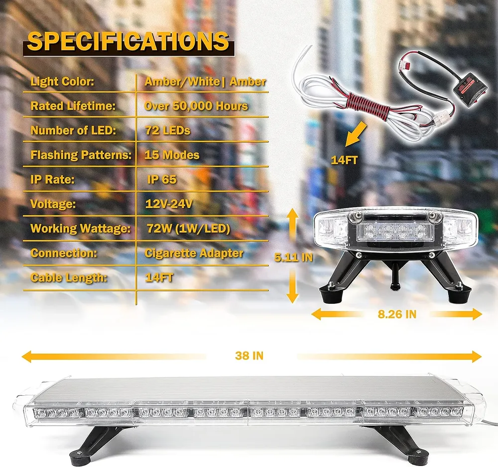 96.5 см 72 LED ЛЕД 72W мощна аварийна диодна сигнална лампа блиц 12-24V 15 режима на работа жълта оранжева светлина E-Mark...