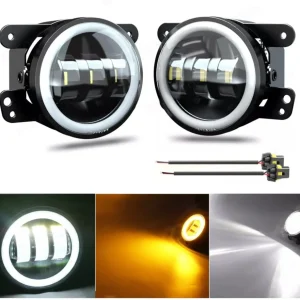Комплект от 2 броя 4 инча 9.8cм ЛЕД LED фар лампа халоген 12V-24V с DRL дневни светлини мигач бяло-жълто за Jeep Dodge Chr...