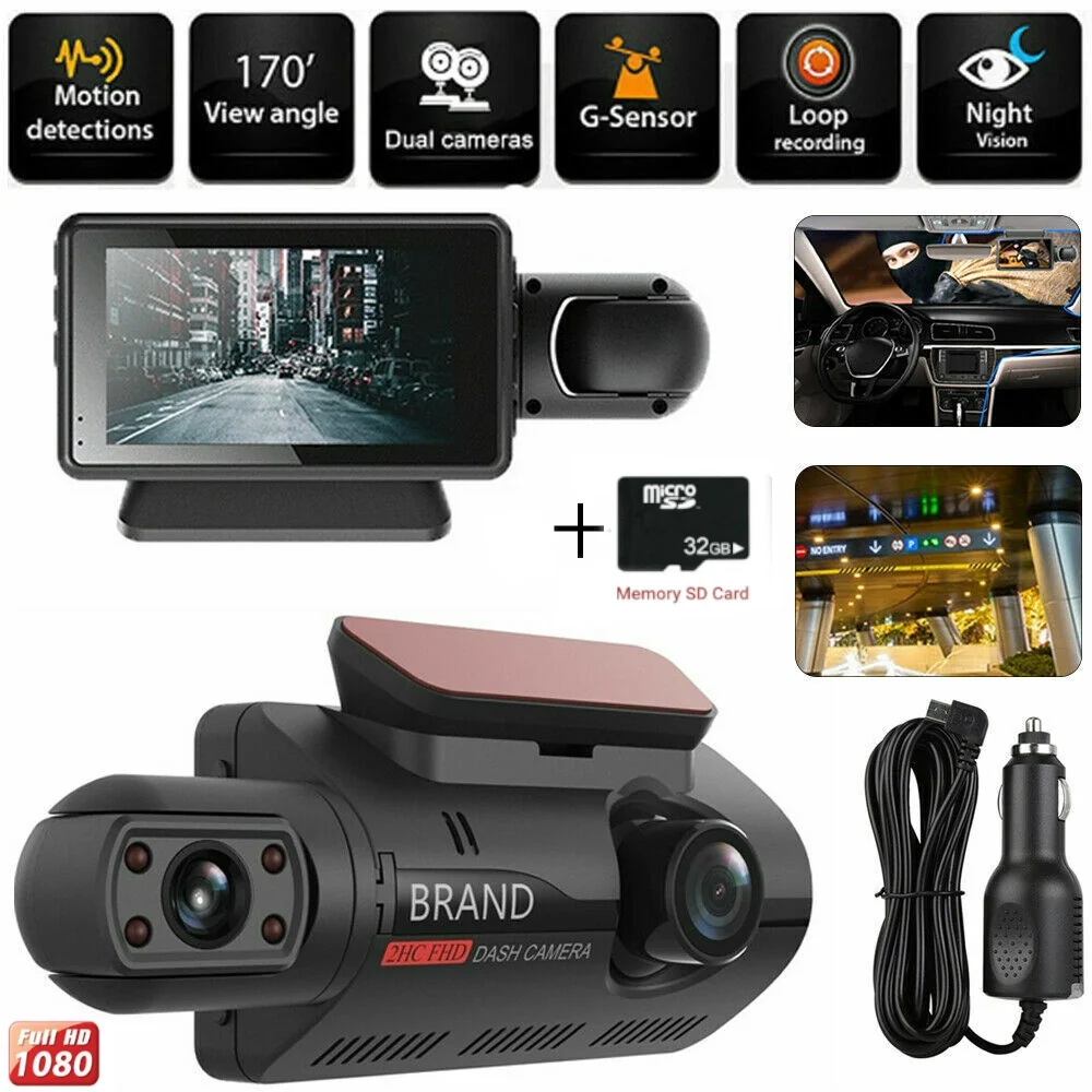Авторегистратор видeорегистратор записваща видеокамера за автомобил Full HD 1080P 2 камери + 32 GB Micro SD Card карта с п...