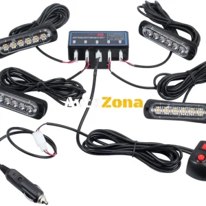 6 Led Аварийна Лампа, Жълта Блиц Светлина, Мигаща, 4 Броя с Контролер, 8 Режима На Работа, 12V