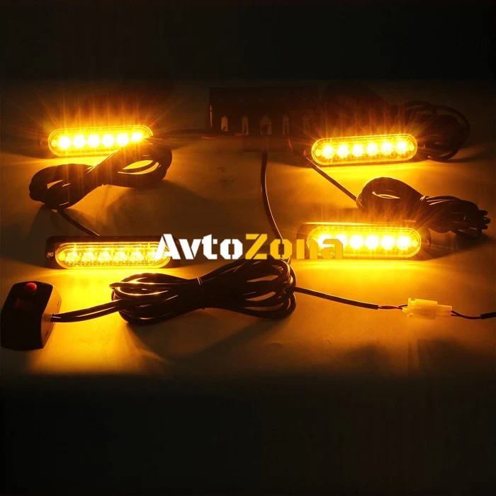 6 Led Аварийна Лампа, Жълта Блиц Светлина, Мигаща, 4 Броя с Контролер, 8 Режима На Работа, 12V