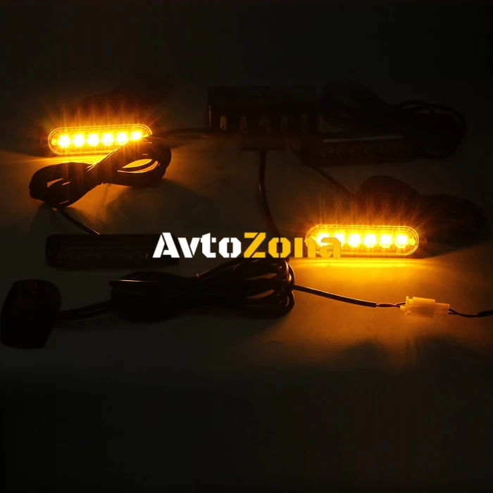 6 Led Аварийна Лампа, Жълта Блиц Светлина, Мигаща, 4 Броя с Контролер, 8 Режима На Работа, 12V