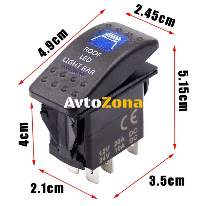 Копче, Бутон, За Вграждане, за LED Лед Бар, Халоген, Светлини, 12V - 24V, Надпис ROOF LED LIGHT BAR , Синя Светлина