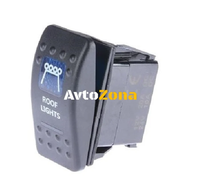 Копче, Бутон, За Вграждане, за LED Лед Бар, Халоген, Светлини, 12V - 24V, Надпис ROOF LIGHTS , Синя Светлина