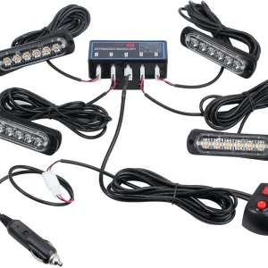 6 Led Аварийна Лампа, Жълта Блиц Светлина, Мигаща, 4 Броя с Контролер, 8 Режима На Работа, 12V