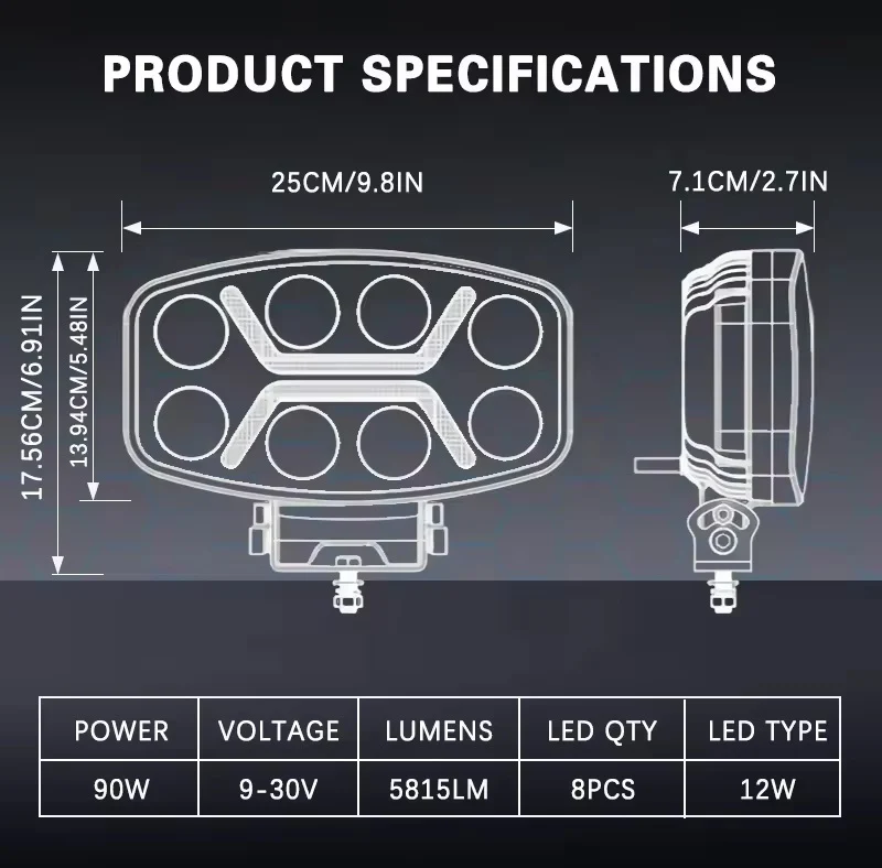 LED мощен диоден фар халоген лампа 12V-24V 90W бяло-жълто за АТВ джип камион трактор земеделски и селскостопански машини и...