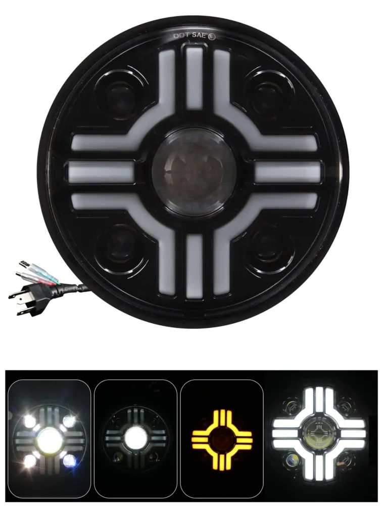 Универсален 7 инча 18см ЛЕД LED фар лампа халоген 12V-24V къси/дълги с DRL дневни светлини мигач бяло-жълто за АТВ джип мо...
