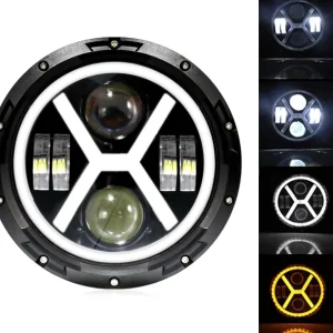 Универсален 7 инча 18см ЛЕД LED фар лампа халоген 12V-24V къси/дълги с DRL дневни светлини мигач бяло-жълто 4000lm за АТВ...