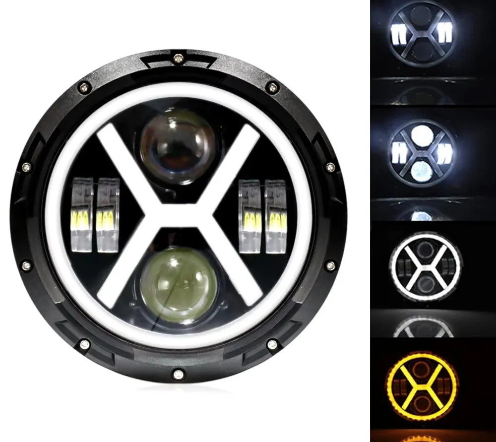 Универсален 7 инча 18см ЛЕД LED фар лампа халоген 12V-24V къси/дълги с DRL дневни светлини мигач бяло-жълто 4000lm за АТВ...