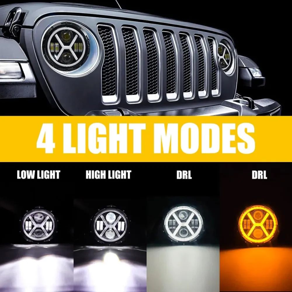Универсален 7 инча 18см ЛЕД LED фар лампа халоген 12V-24V къси/дълги с DRL дневни светлини мигач бяло-жълто 4000lm за АТВ...