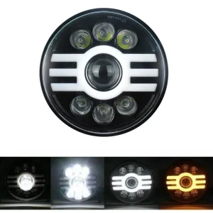Универсален 7 инча 18см ЛЕД LED фар лампа халоген 12V-24V къси/дълги с DRL дневни светлини мигач бяло-жълто 5000lm за АТВ...
