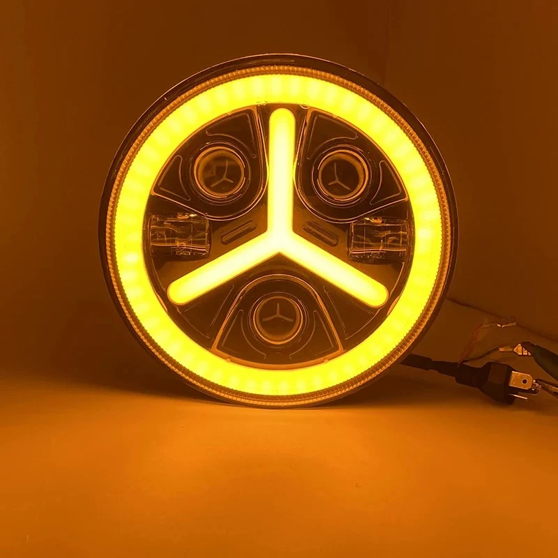 Комплект от 2бр. универсален 7 инча 18см ЛЕД LED фар лампа халоген 12V-24V къси/дълги с DRL дневни светлини мигач бяло-жъл...