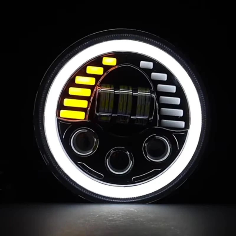 Комплект от 2бр. универсален 7 инча 18см ЛЕД LED фар лампа халоген 12V-24V къси/дълги с DRL дневни светлини мигач бяло-жъл...