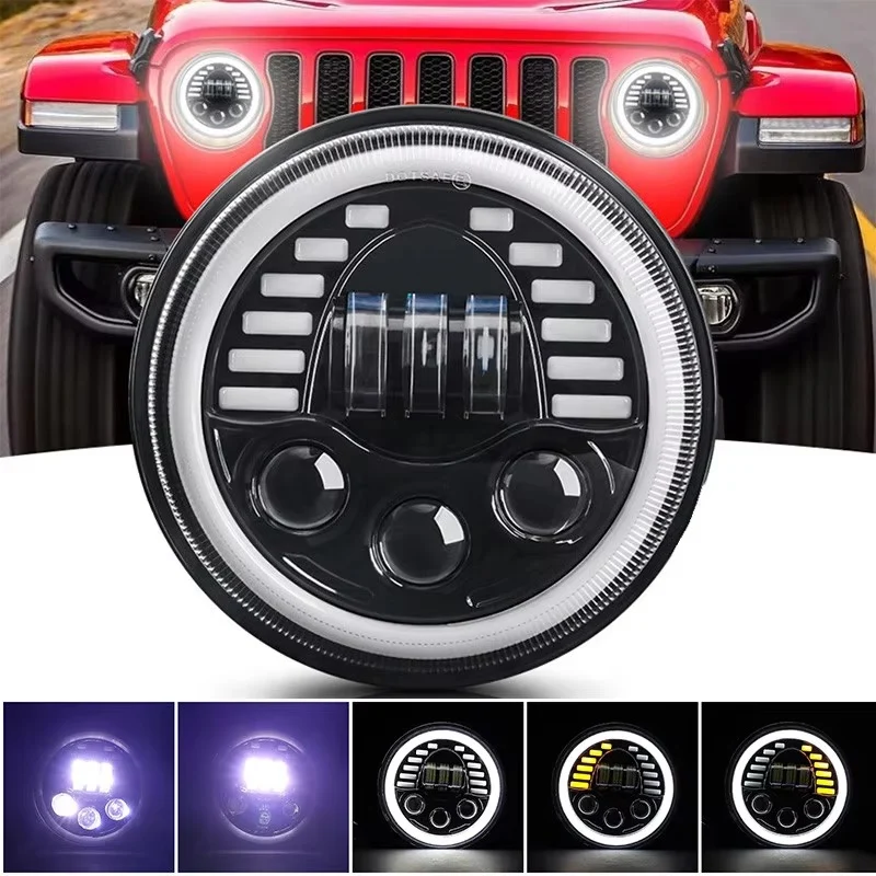 Универсален 7 инча 18см ЛЕД LED фар лампа халоген 12V-24V къси/дълги с DRL дневни светлини мигач бяло-жълто 7000lm за АТВ...