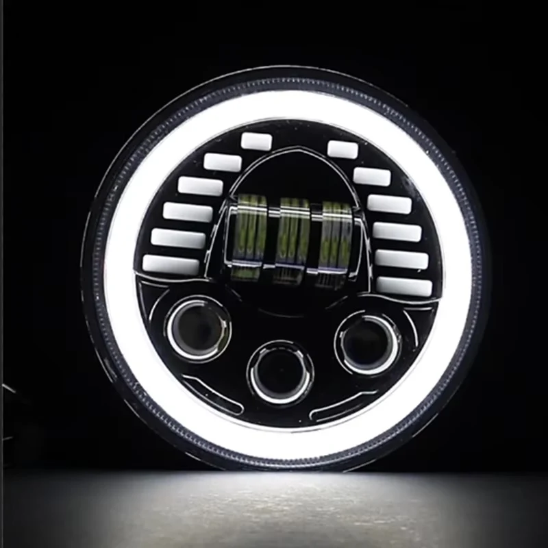 Универсален 7 инча 18см ЛЕД LED фар лампа халоген 12V-24V къси/дълги с DRL дневни светлини мигач бяло-жълто 7000lm за АТВ...