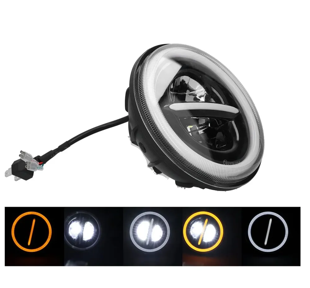 Универсален 7 инча 18см ЛЕД LED фар лампа халоген 12V-24V къси/дълги с DRL дневни светлини мигач бяло-жълто 7500lm за АТВ...