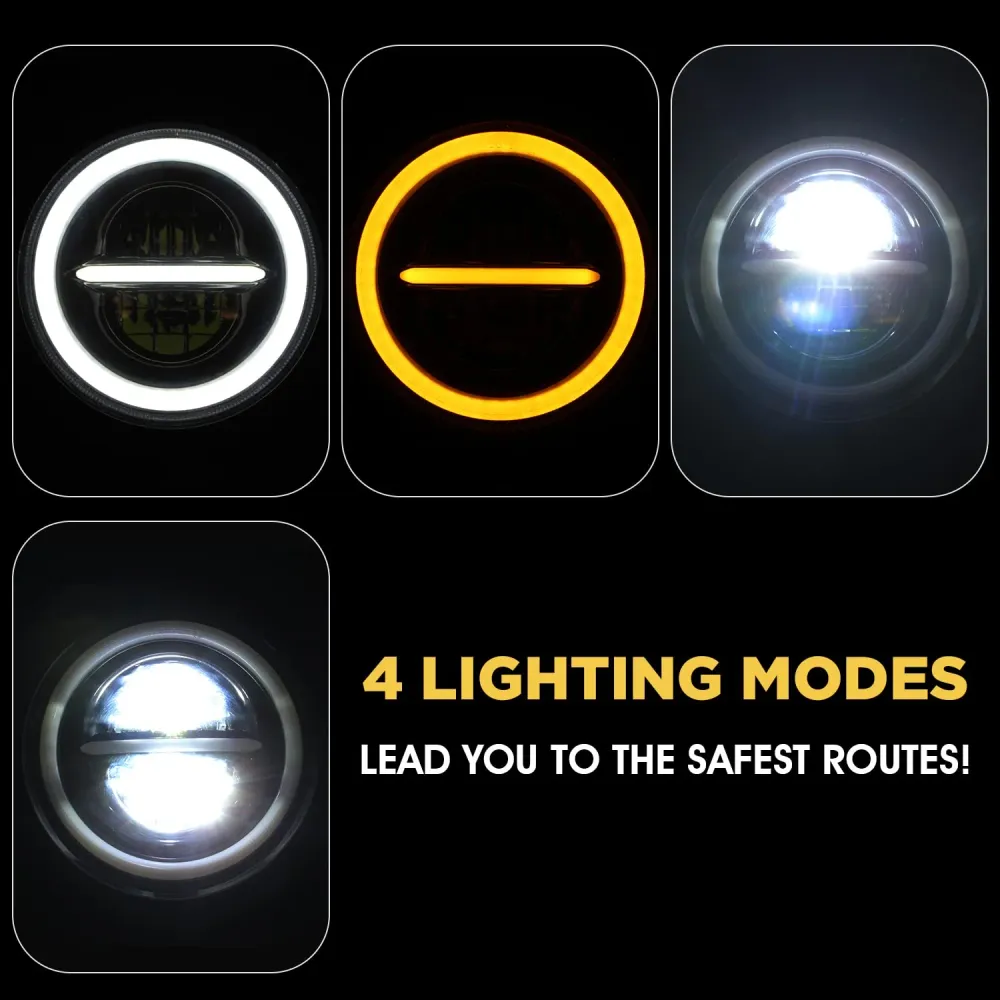 Универсален 7 инча 18см ЛЕД LED фар лампа халоген 12V-24V къси/дълги с DRL дневни светлини мигач бяло-жълто 7500lm за АТВ...