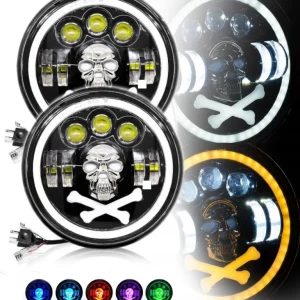 Комплект от 2бр. универсален 7 инча 18см ЛЕД LED фар халоген 12V-24V къси/дълги с DRL дневни светлини мигач бяло-жълто и ч...