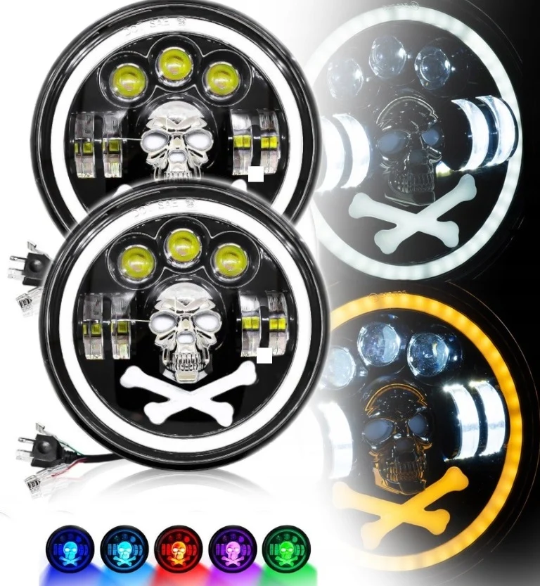 Комплект от 2бр. универсален 7 инча 18см ЛЕД LED фар халоген 12V-24V къси/дълги с DRL дневни светлини мигач бяло-жълто и ч...