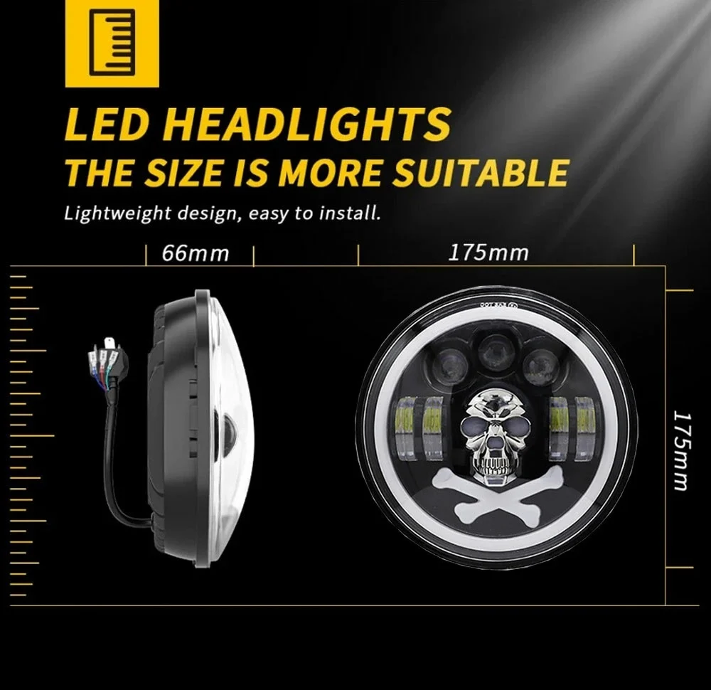 Комплект от 2бр. универсален 7 инча 18см ЛЕД LED фар халоген 12V-24V къси/дълги с DRL дневни светлини мигач бяло-жълто и ч...