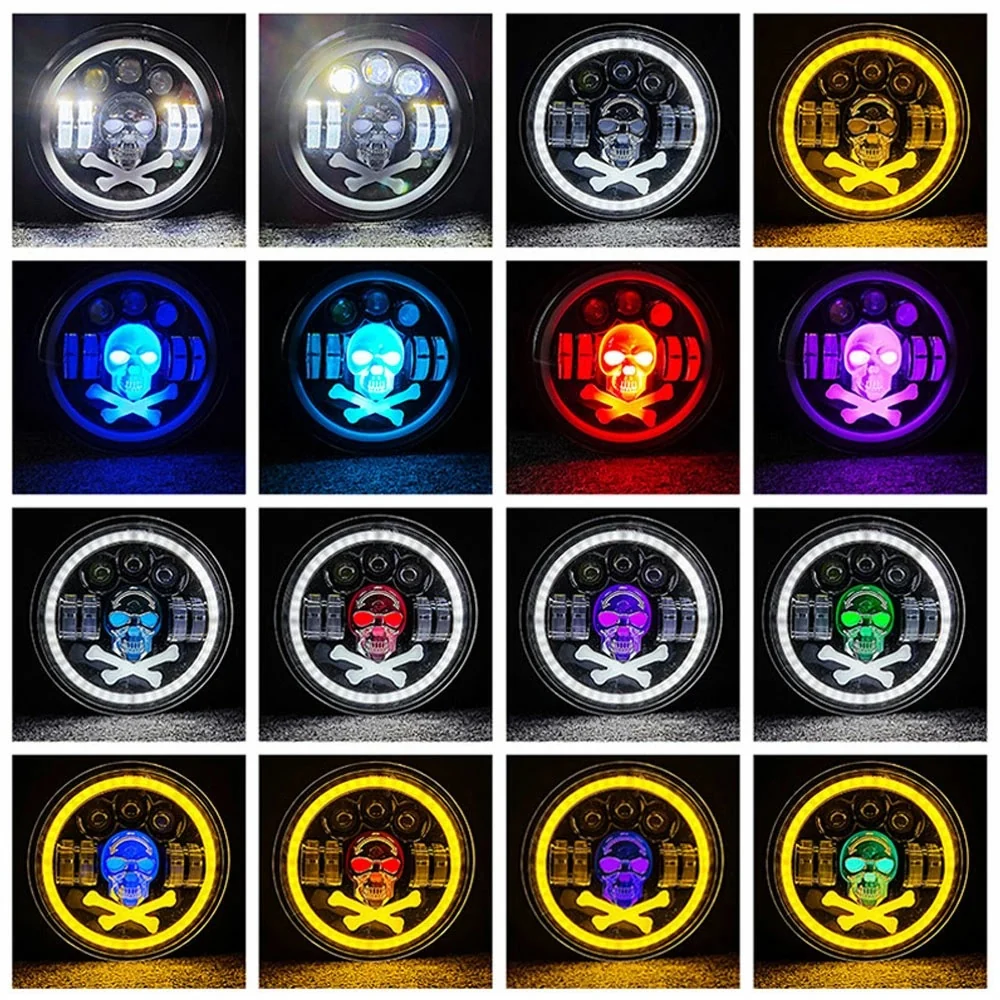 Комплект от 2бр. универсален 7 инча 18см ЛЕД LED фар халоген 12V-24V къси/дълги с DRL дневни светлини мигач бяло-жълто и ч...