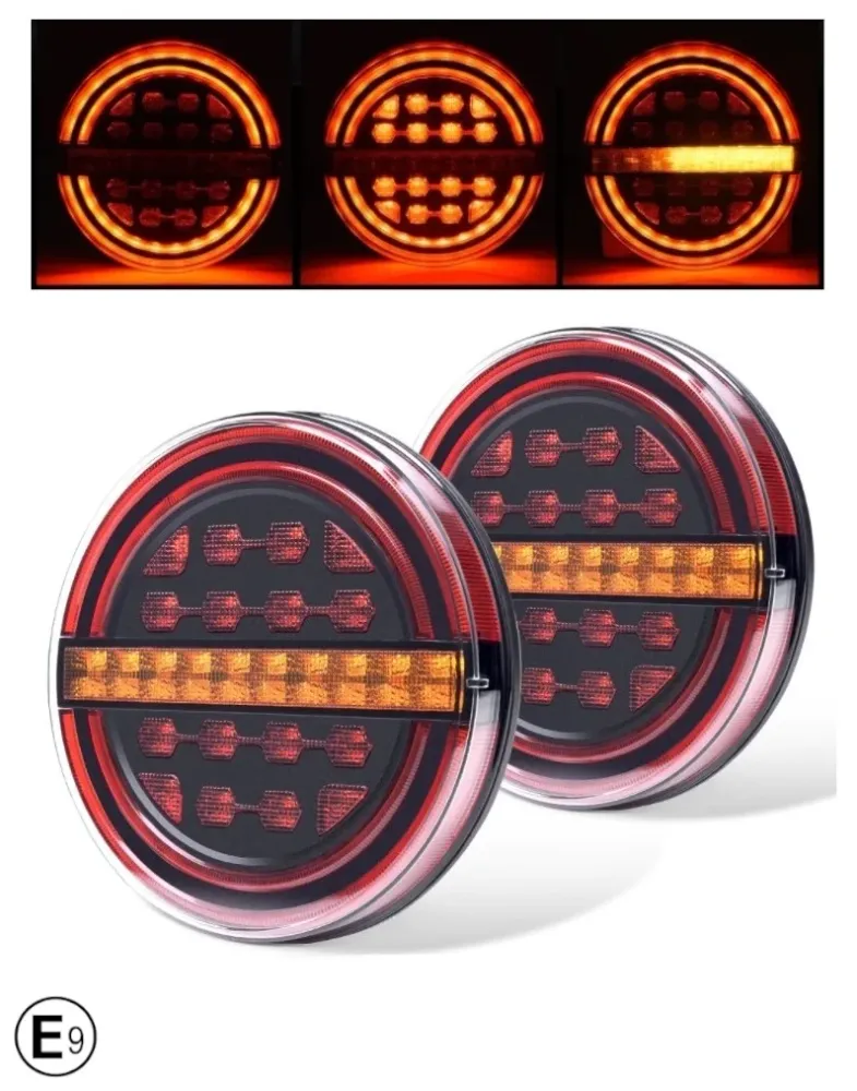 Комплект LED Светодиодни Стопове с Динамичен Бягащ Мигач, Неон Ефект, Кръгли, Тип Хамбургер , Ø13.9см , 3 Функции, Е-Мark,...