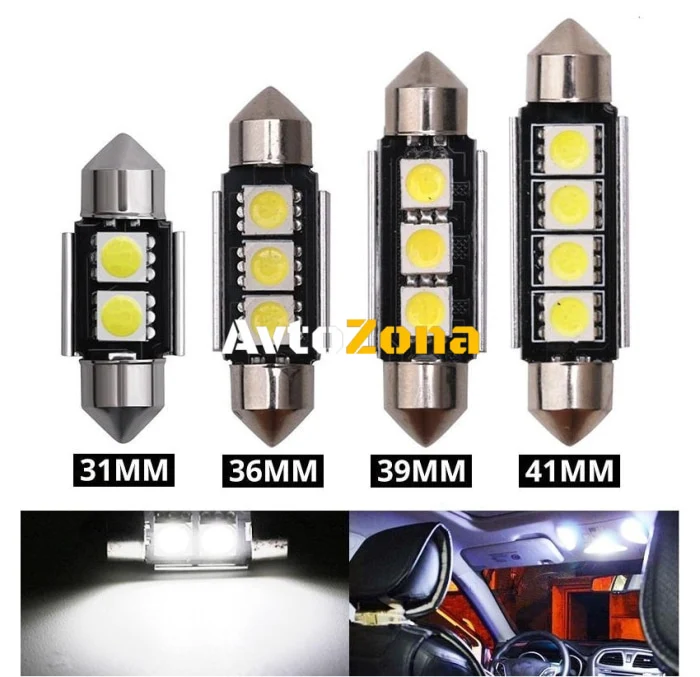 LED Лед Диодни Крушки, 2/3/4 SMD 5050 , 31мм, 36мм, 39мм, 41мм, 12V, Бяла Светлина, Canbus, Error Free, Bez Грешки