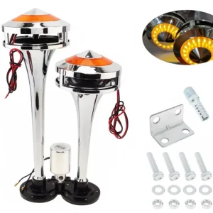 Двойна Тромба клаксон с жълта LED светлина, 300 dB – 12V / 24V