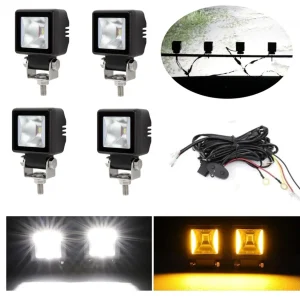 Комплект от 4 броя Лед LED Халогени Лампи с окабеляване Бяла Flood + Оранжева DRL Светлина 12V - 24V за Off Road 4X4 SUV д...