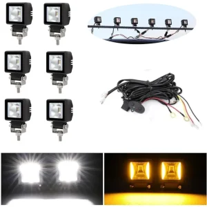 Комплект от 6 броя Лед LED Халогени Лампи с окабеляване Бяла Flood + Оранжева DRL Светлина 12V - 24V за Off Road 4X4 SUV д...