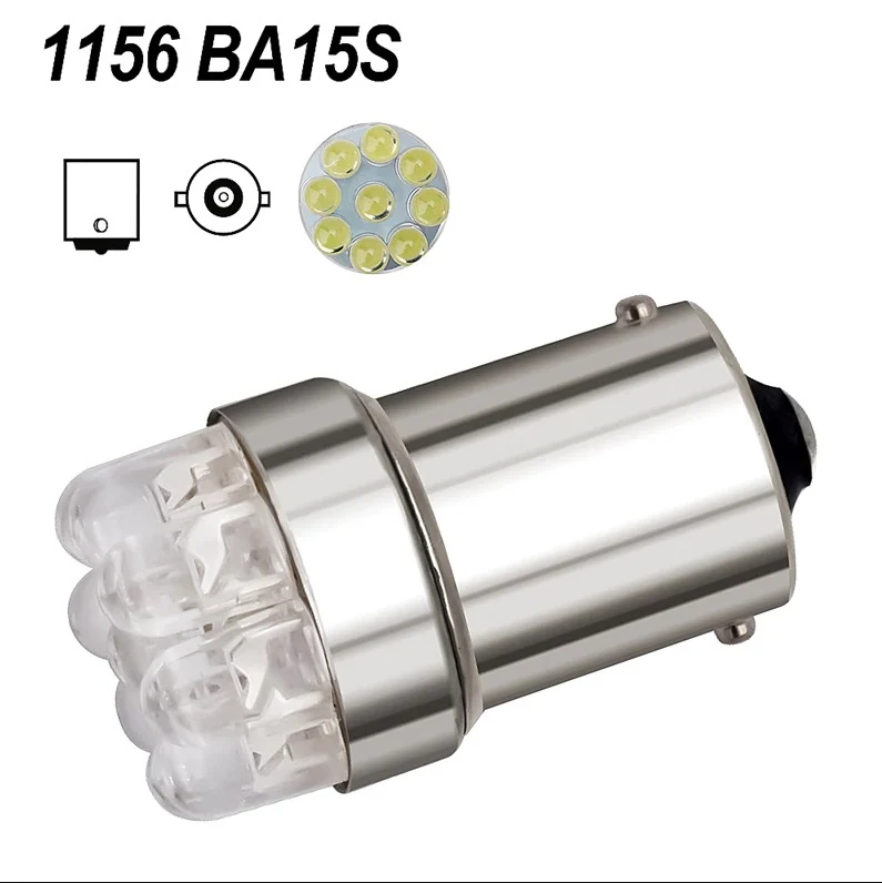 Комплект от 2 броя LED Лед Крушки за Mигач Стоп Габарит Халоген 9 LED 1156 BA15S 12V Бяла Светлина в Блистер