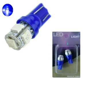 Комплект от 2 броя LED Лед Диодни Крушки За Габарит Т10 W5W 5 SMD 12V Синя Светлина в Блистер