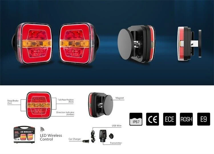 Комплект Безжични Преносими Диодни Лед Led Стопове Wireless с Магнит Неон Neon Ефект 12-24V 108mm х 102mm x 46mm E9 за Рем...