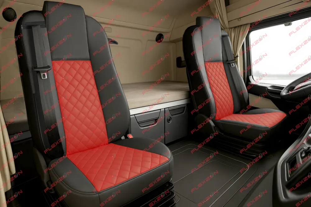 Комплект 1+1 тапицерия от еко кожа за MERCEDES ACTROS MP4 EURO 6 2015-2021 - червено-черно