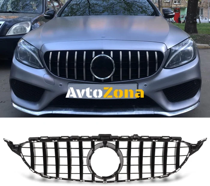 Предна решетка за Mercedes C-Class W205 S205 C205 (2014-2018) с дизайн GT-R Panamericana в черно-хромирано